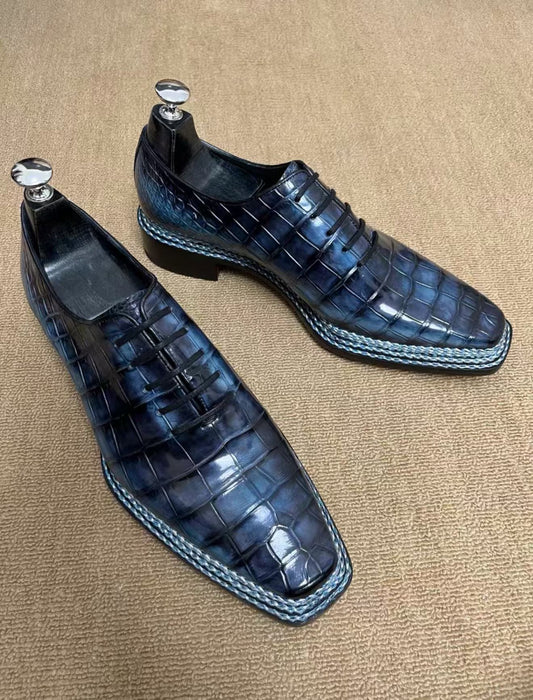 Crocodile Shoes, Men's Crocodile Leather Lace-Up Business Shoes Vintage Blue