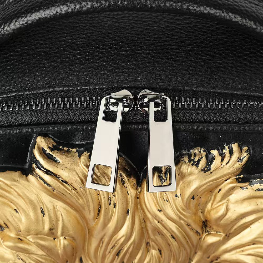 Rossie Viren 3D leather backpack featuring a detailed lion head design, ideal for travel and outdoor use, with spacious compartments.