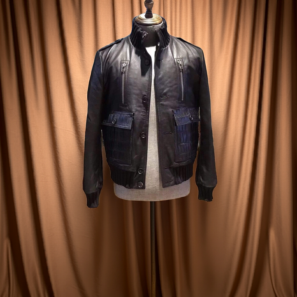 Rossie Viren black crocodile leather jacket with ribbed jersey cuffs and collar, stylish and textured outerwear for men.