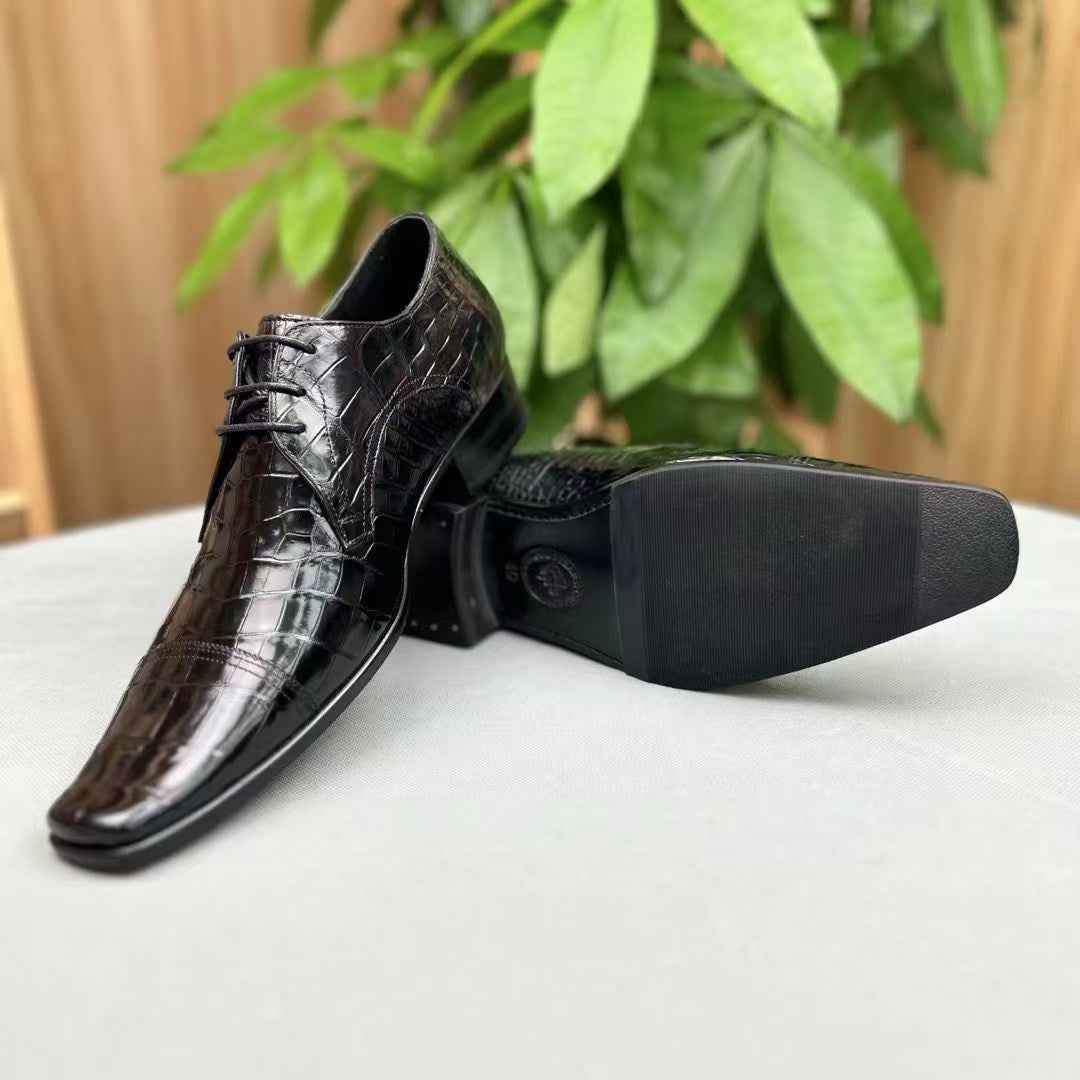 Men's black crocodile leather lace-up shoes by Rossie Viren featuring a polished finish and intricate crocodile pattern.