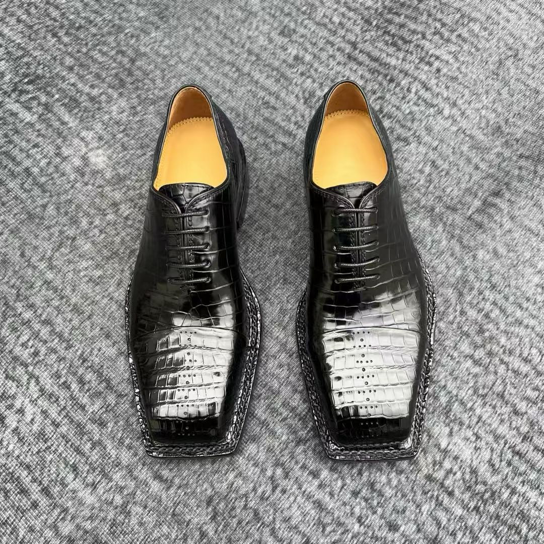 Genuine Crocodile Leather  Square-Toe Classic Lace -Up Dress Shoes Black