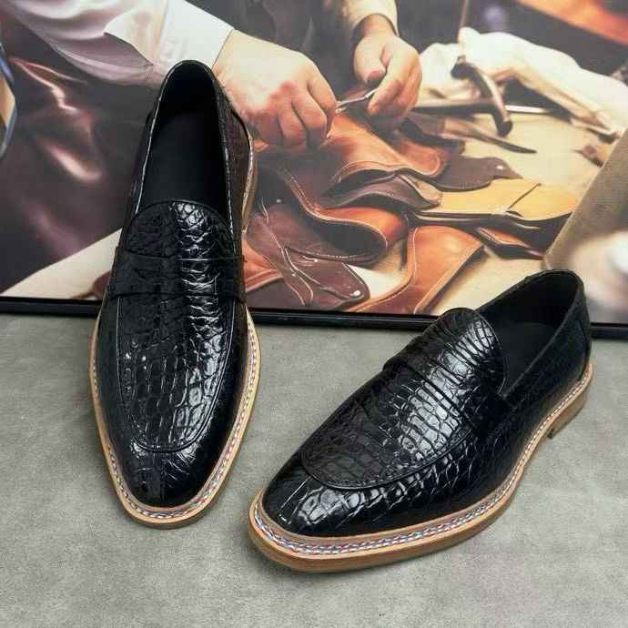 Crocodile Shoes, Men's Crocodile Leather Slip-On Loafer Shoes Black