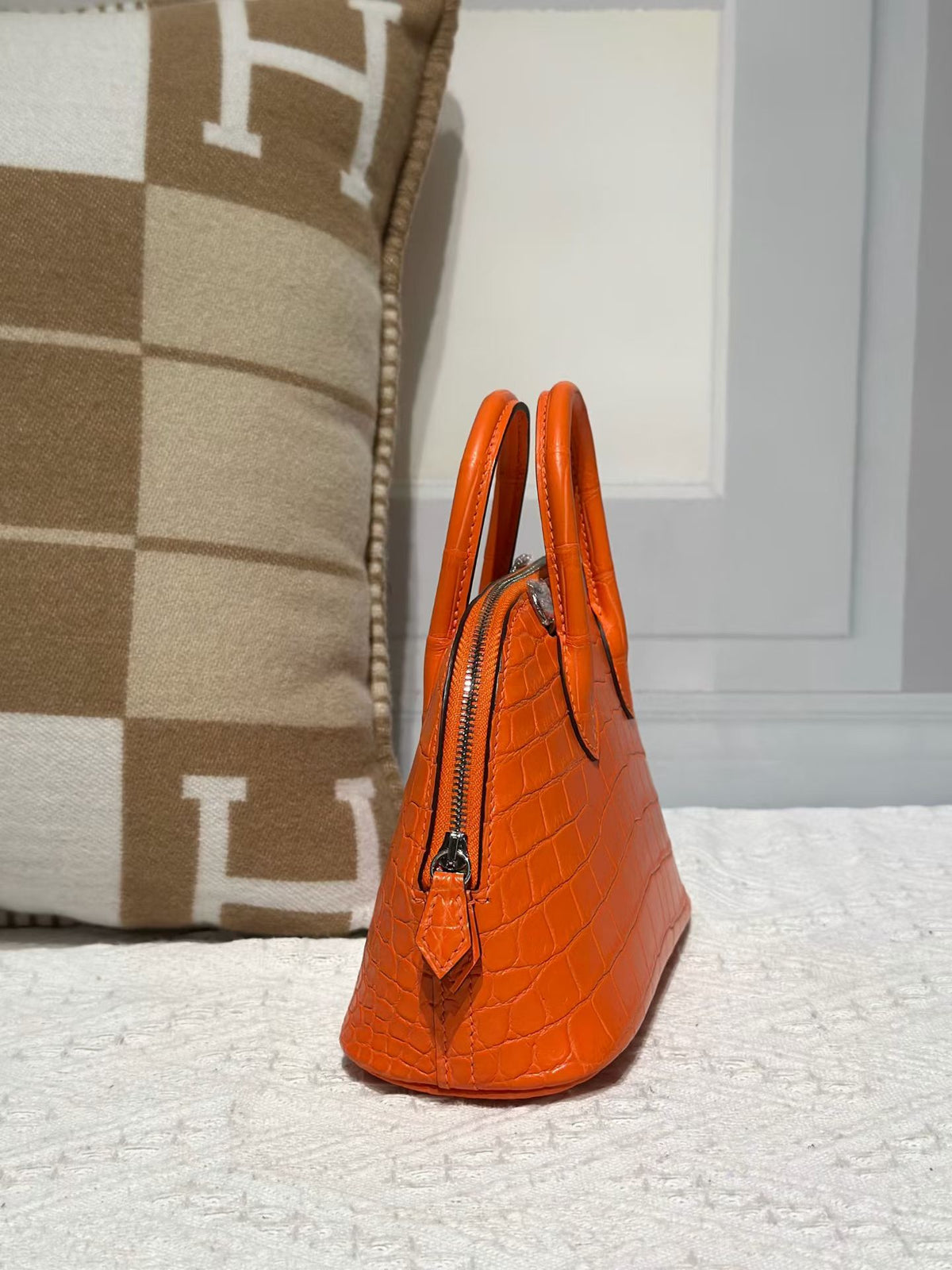 Genuine Crocodile Leather Mini Bowling Top Handle Bag Orange