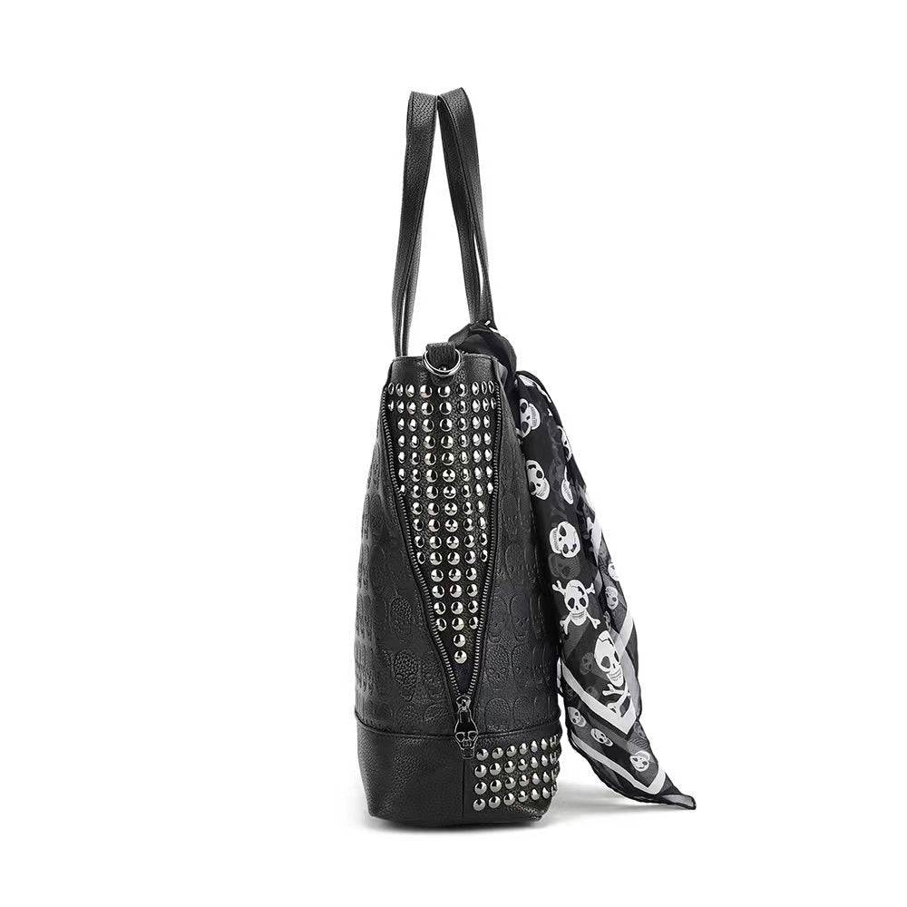 Rossie Viren 3D large shopper bag with studded embossed skull design, includes small pouch and scarf, stylish and spacious accessory.