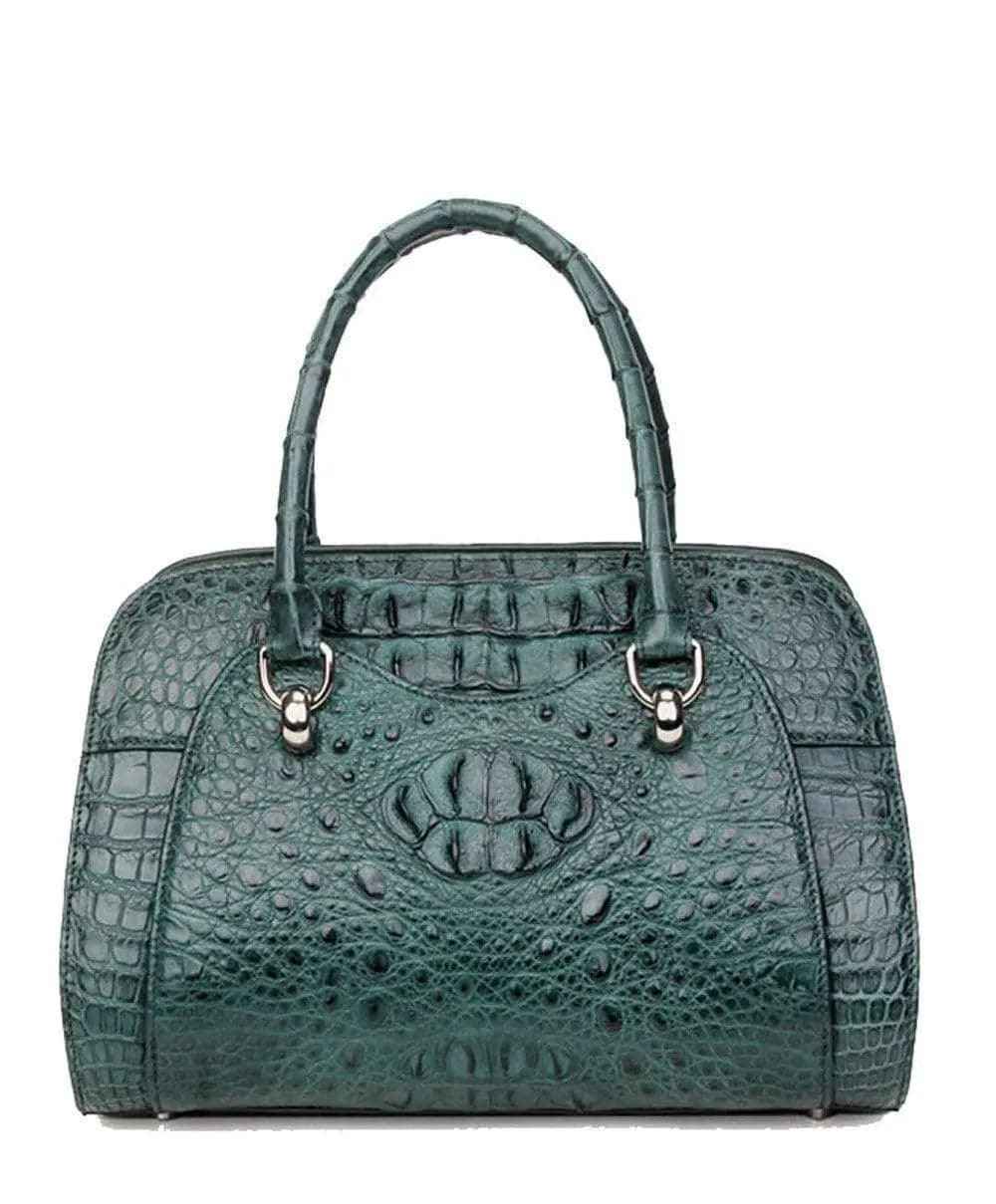 Women's crocodile leather dome satchel handbag by Rossie Viren featuring a structured design and top handles.