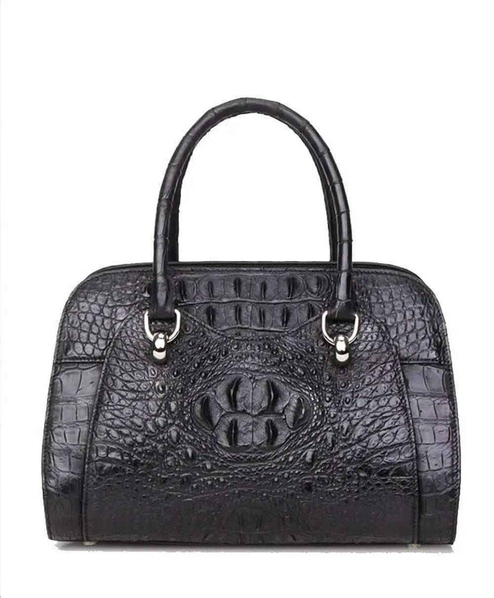 Women’s crocodile leather dome satchel handbag by Rossie Viren, featuring a structured shape, top handles, and textured crocodile pattern.