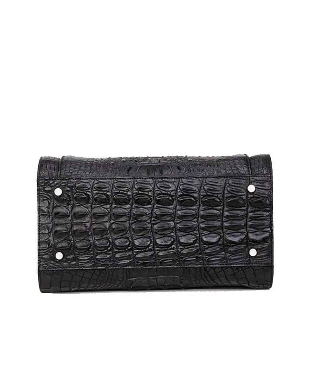 Women's crocodile leather dome satchel bag by Rossie Viren, featuring a structured handbag with double handles and elegant design.