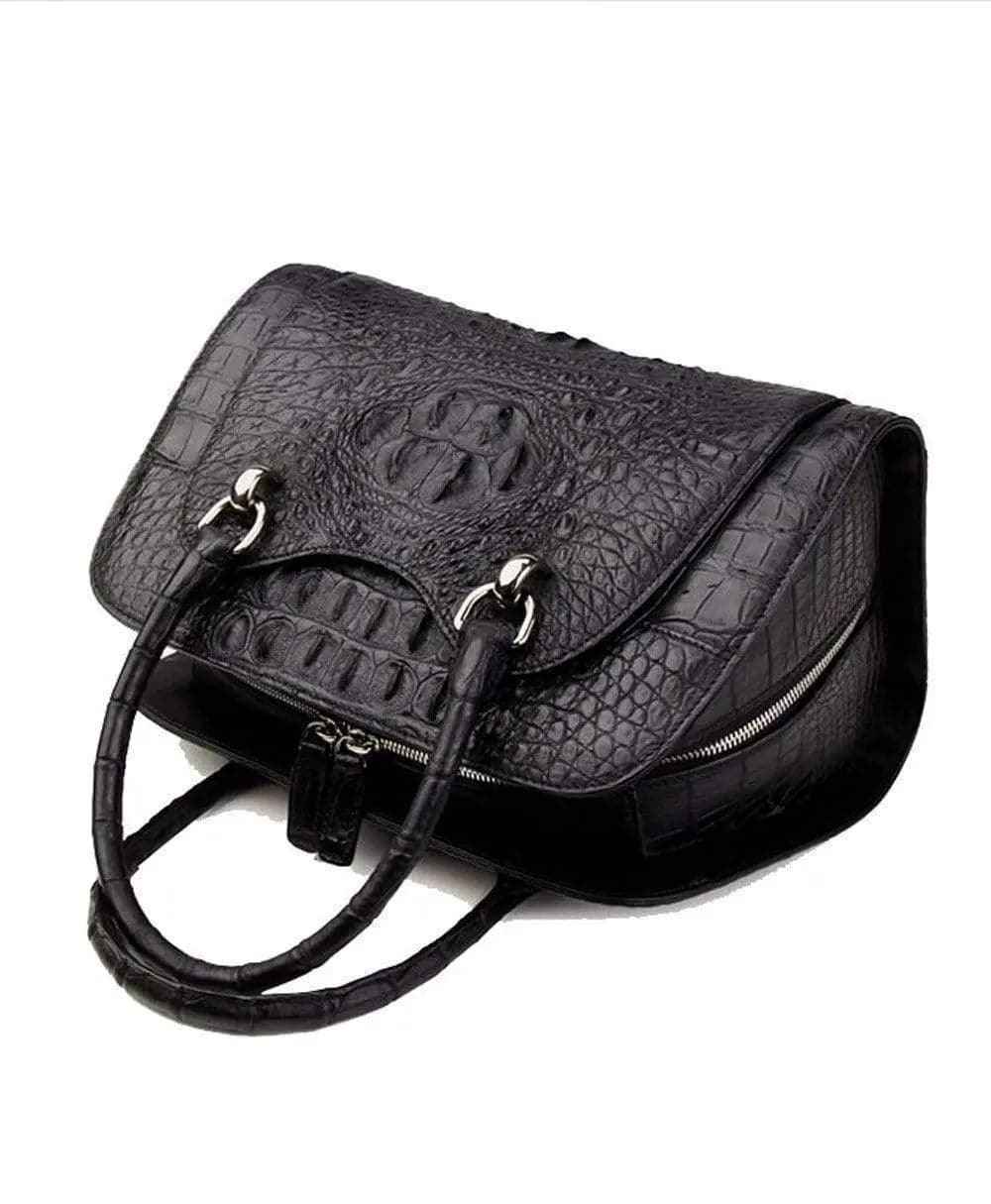Women’s crocodile leather dome satchel bag by Rossie Viren featuring a structured handbag with top handles and crocodile texture.