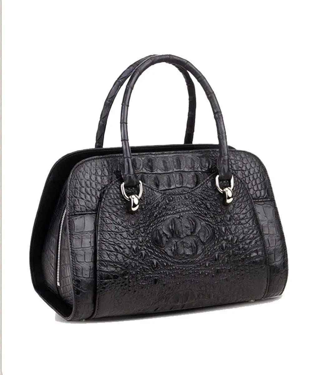 Women’s crocodile leather dome satchel handbag by Rossie Viren, featuring a structured design with top handles and a sleek finish.