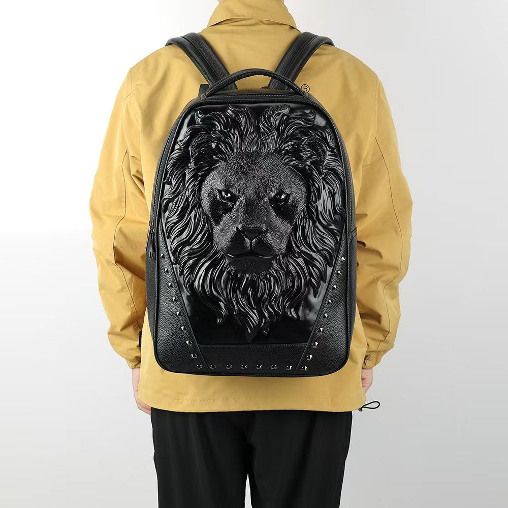 Rossie Viren 3D leather backpack featuring a detailed lion head design, ideal for outdoor travel and carrying computers.