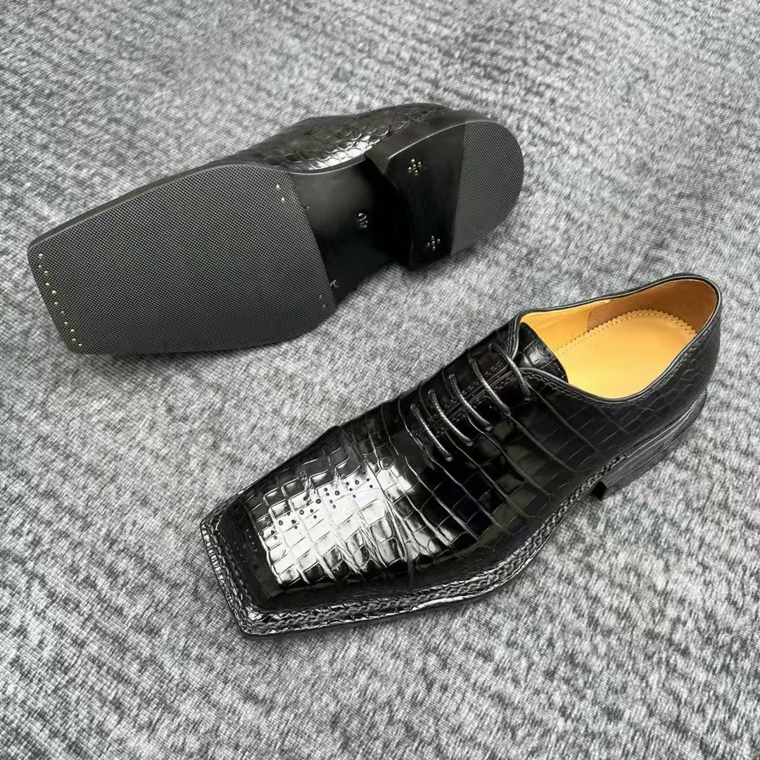 Genuine Crocodile Leather  Square-Toe Classic Lace -Up Dress Shoes Black