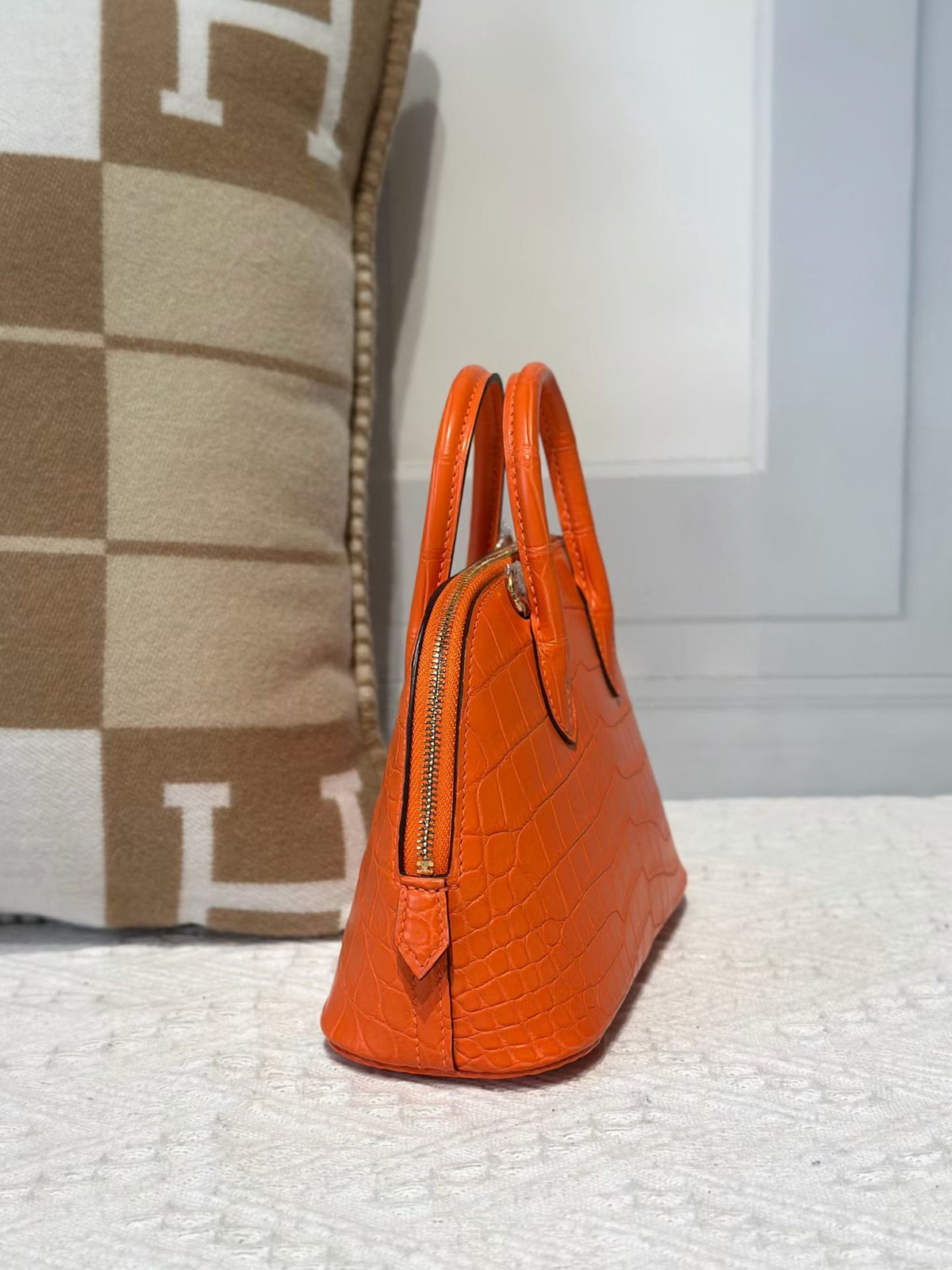 Genuine Crocodile Leather Mini Bowling Top Handle Bag Orange
