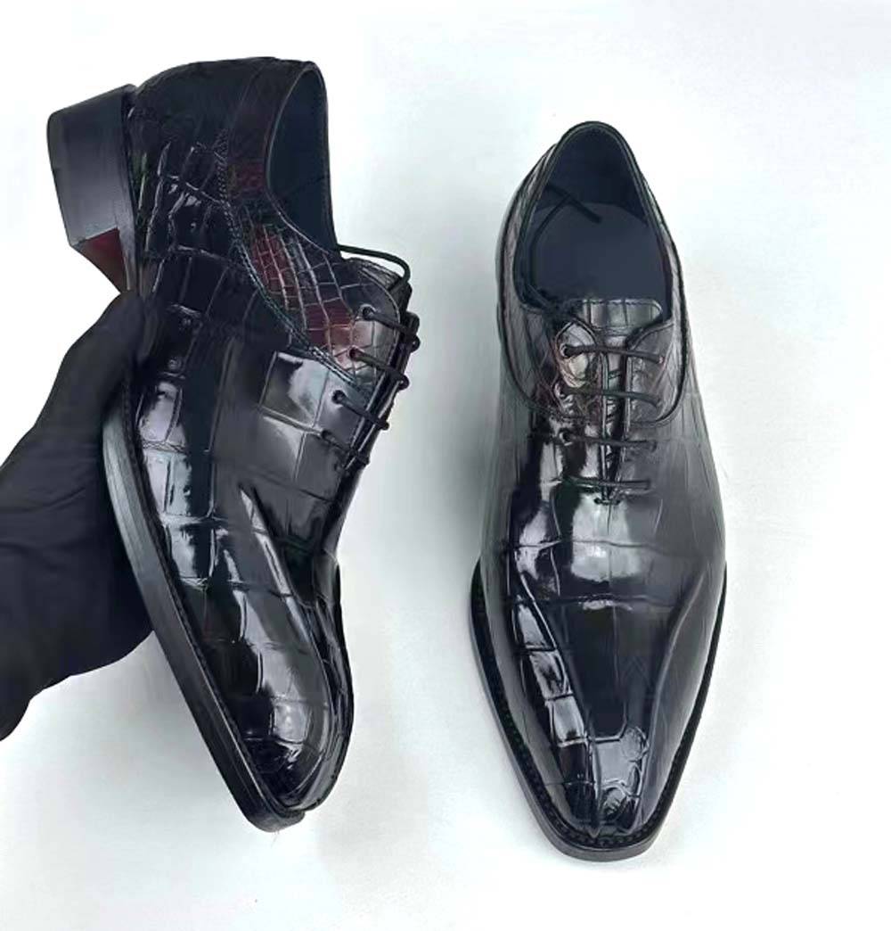 Rossie Viren crocodile shoes for men in vintage wine red, lace-up dress shoes with a sleek, professional design.