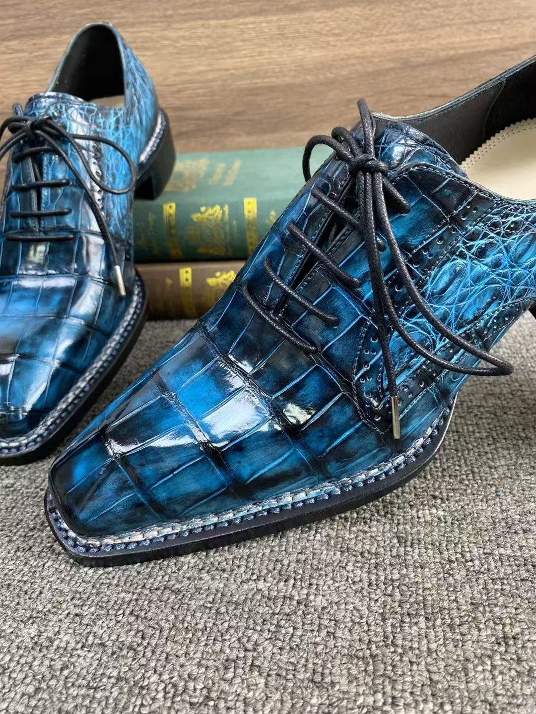 Crocodile Shoes, Men's Vintage Blue Norwegian Sewn Lace Up Shoes