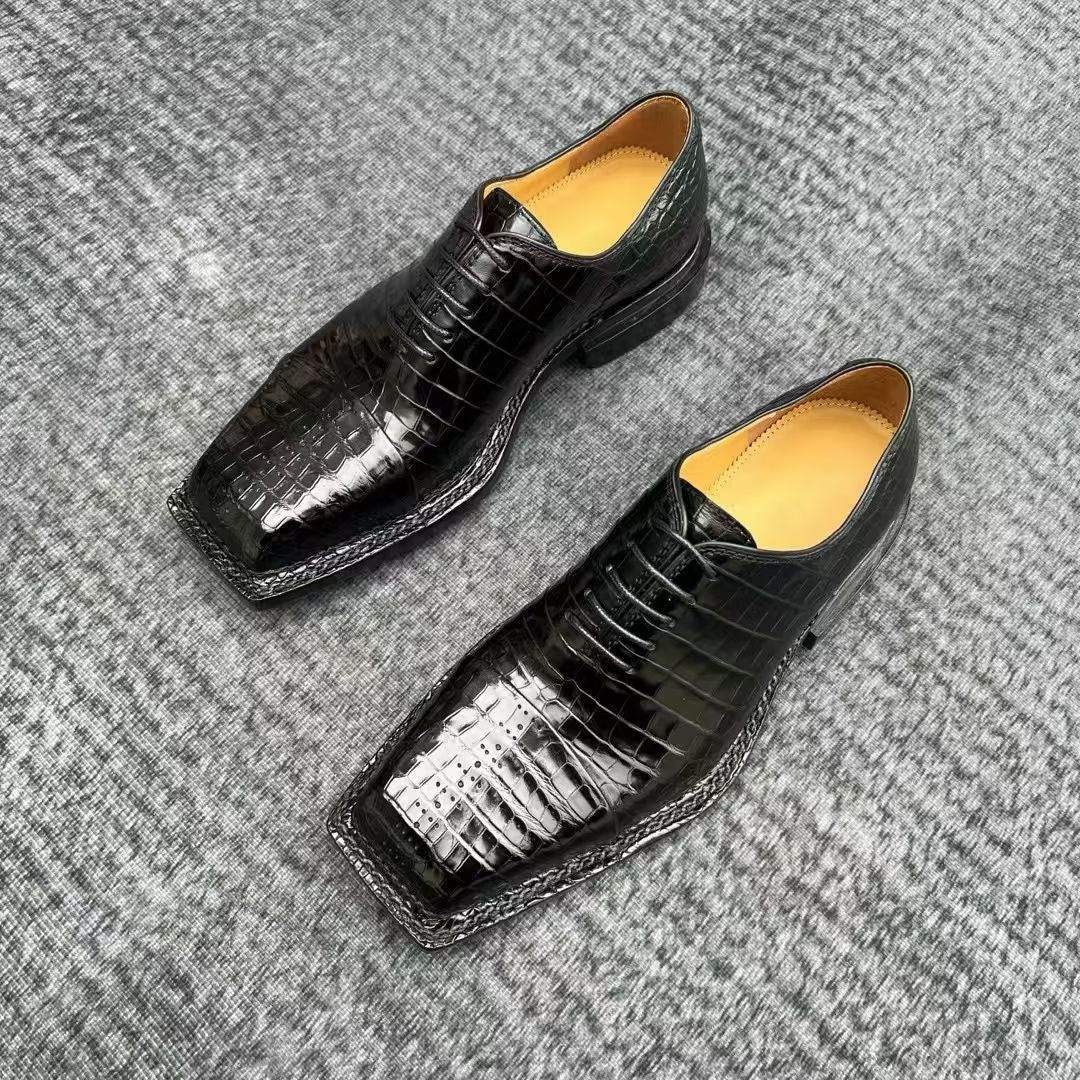 Genuine Crocodile Leather  Square-Toe Classic Lace -Up Dress Shoes Black