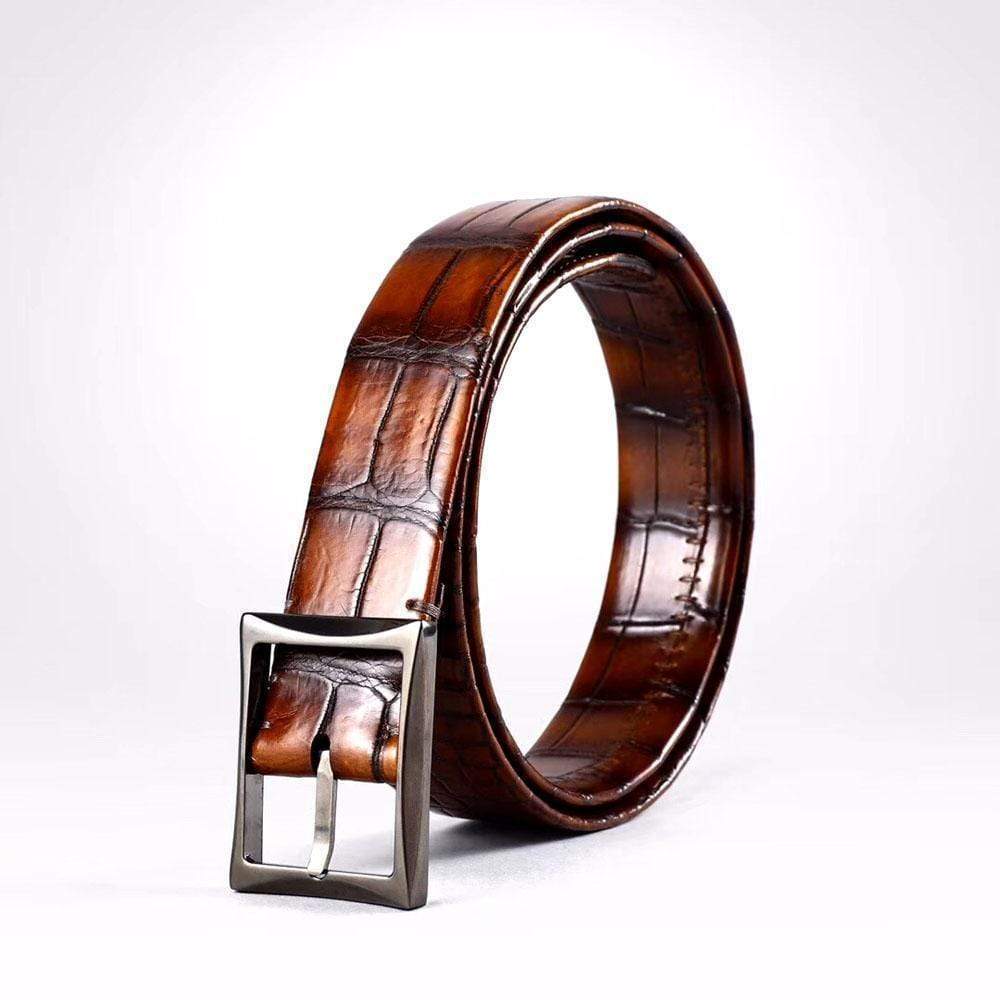 Men's vintage genuine crocodile leather belt with double-side design and stainless steel buckle by Rossie Viren.