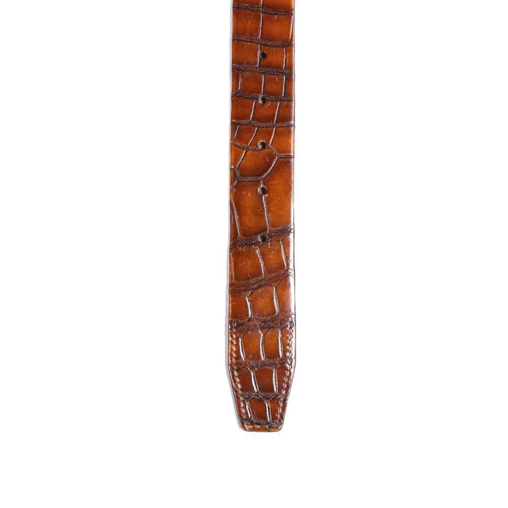 Men's vintage genuine crocodile leather belt with double-sided design and stainless steel buckle by Rossie Viren.