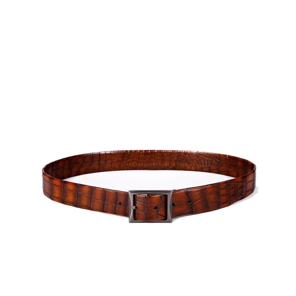 Men's vintage crocodile leather belt by Rossie Viren with double-sided design and stainless steel buckle, showcasing textured crocodile pattern.