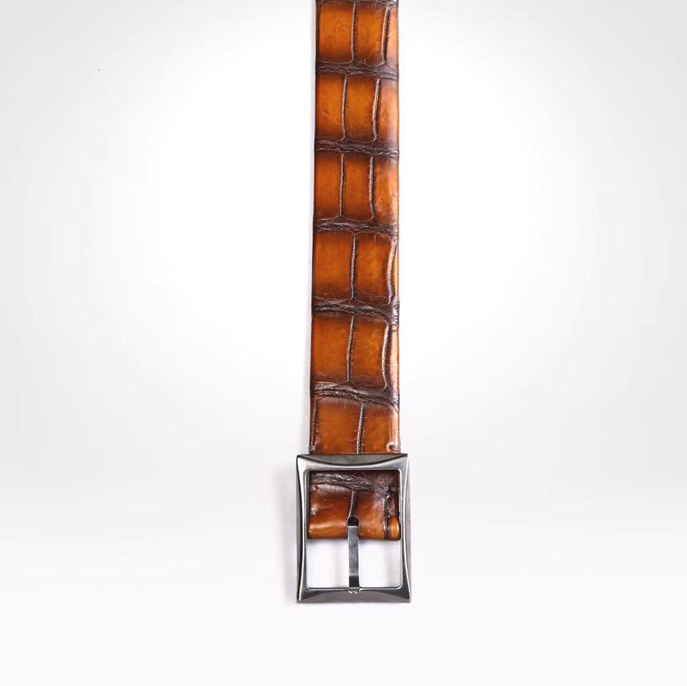 Men's vintage genuine crocodile leather belt with double-sided design and stainless steel buckle from Rossie Viren