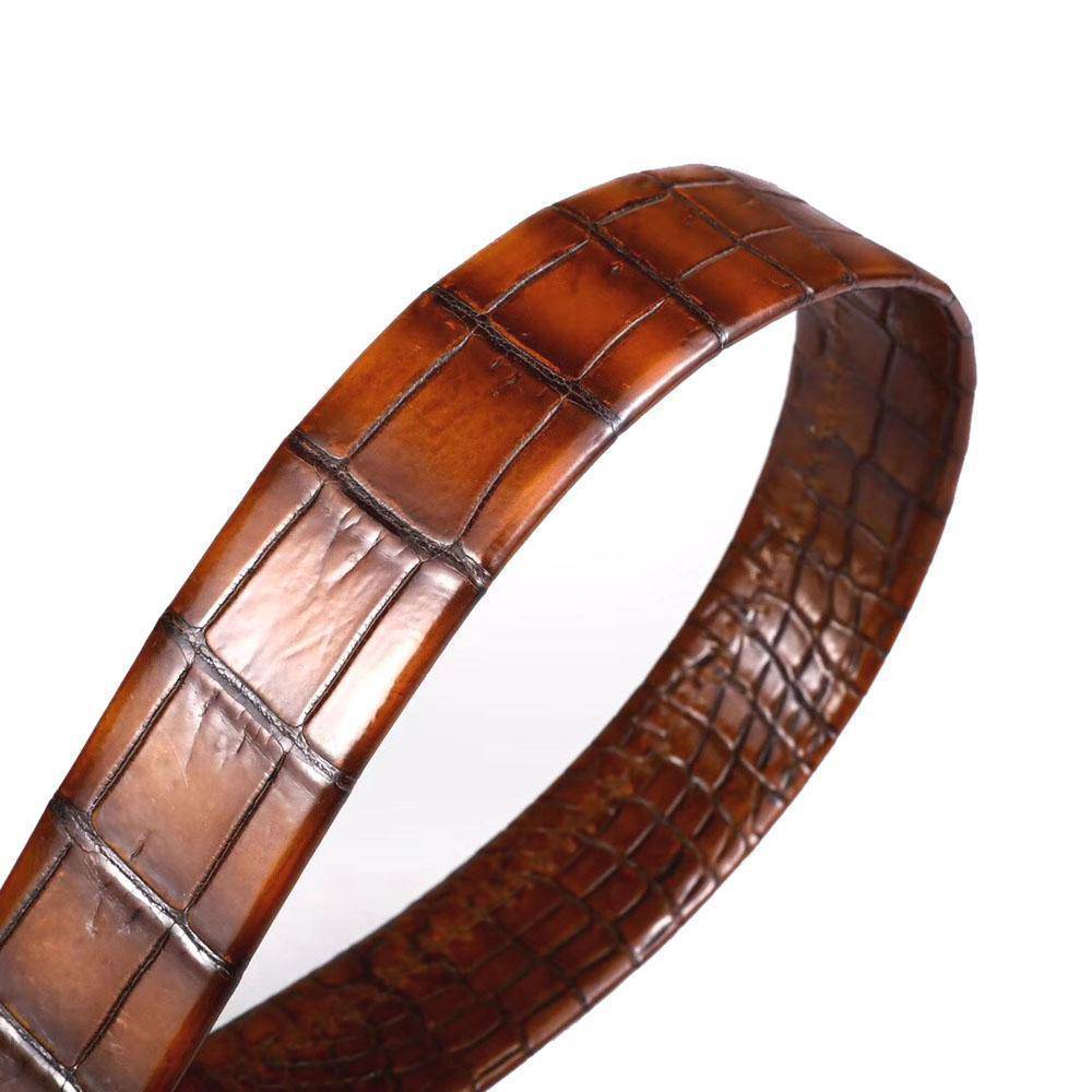 Vintage Rossie Viren men's crocodile leather belt with double-sided design and stainless steel buckle, showcasing textured crocodile pattern.