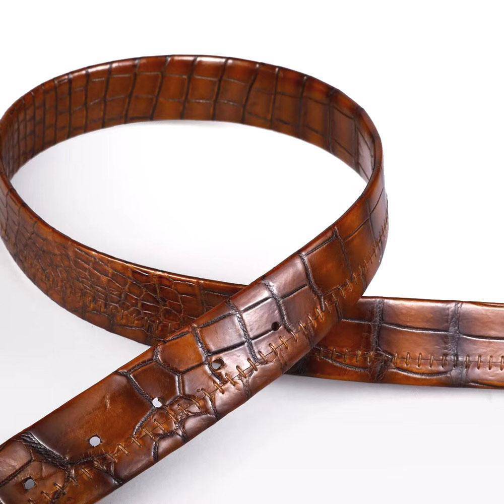 Men's vintage genuine crocodile leather belt with double-sided design and stainless steel buckle by Rossie Viren.