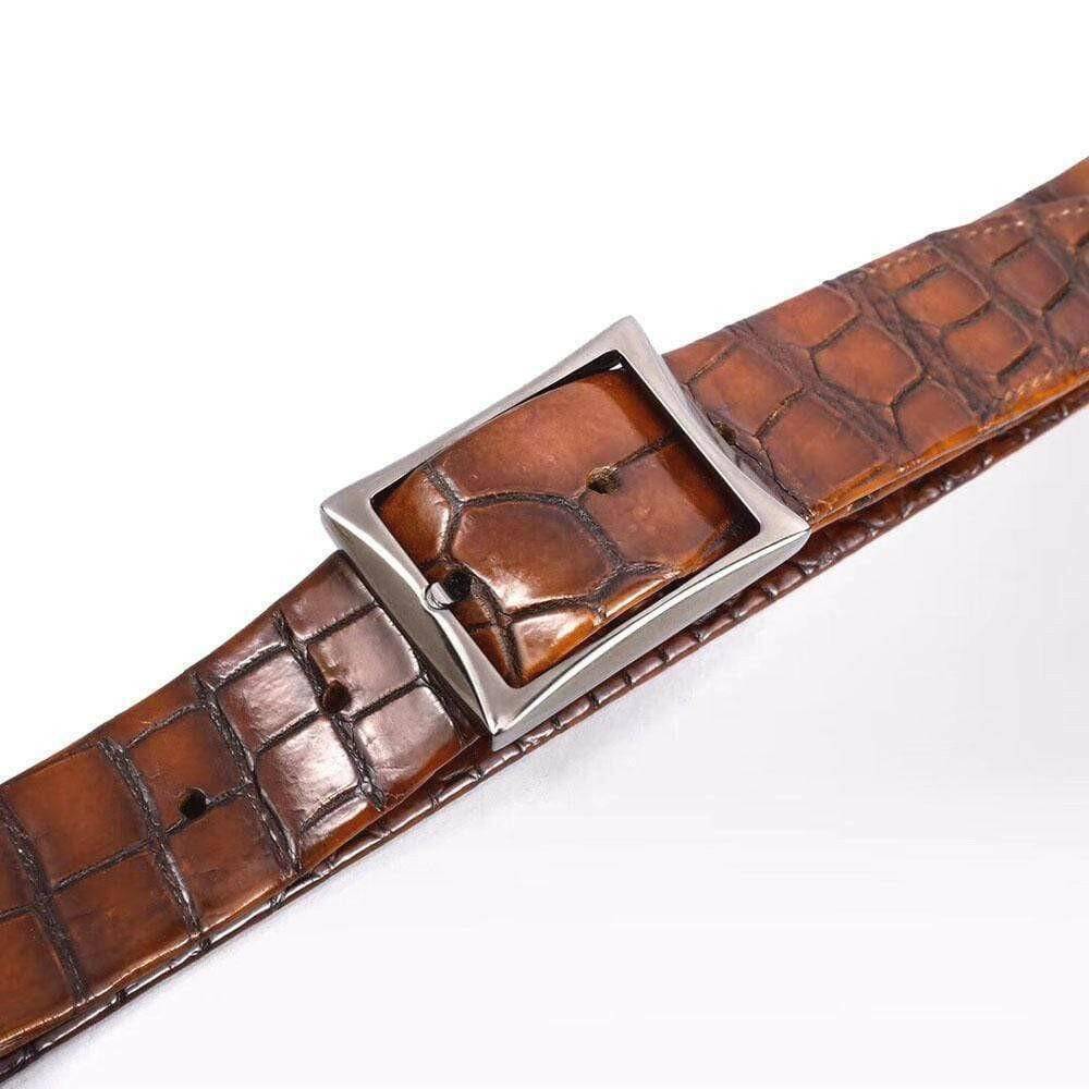 Men's vintage genuine crocodile leather belt with double-sided design and stainless steel buckle by Rossie Viren.