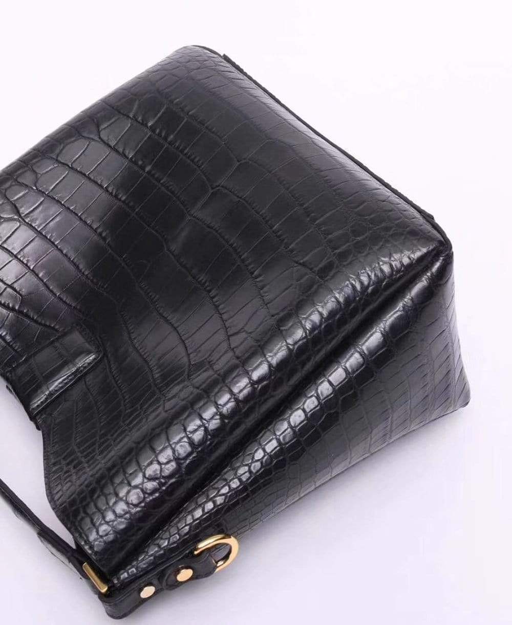 Black crocodile leather medium hobo bag and purse for women by Rossie Viren, stylish handbag with textured leather finish.