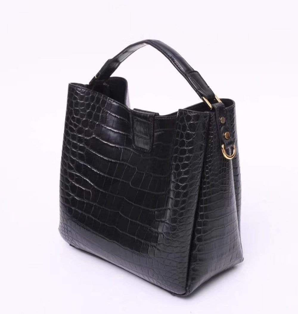 Black crocodile leather medium hobo handbag and purse for women by Rossie Viren, showcasing textured crocodile pattern and sleek design.