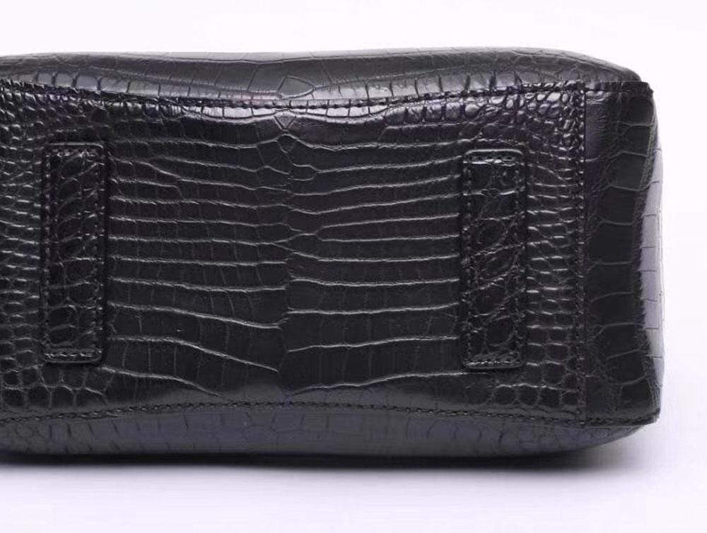 Black crocodile leather medium hobo handbag and purse for women by Rossie Viren, showcasing a stylish and textured accessory.