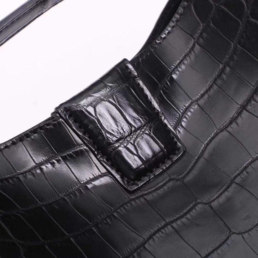 Black crocodile leather medium hobo bag and purse for women by Rossie Viren, featuring a stylish, textured handbag design.