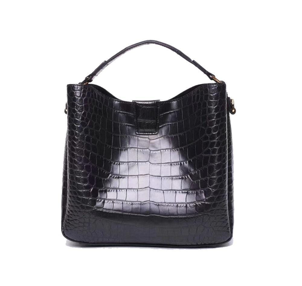 Black crocodile leather medium hobo handbag and purse for women by Rossie Viren, featuring a stylish, textured design.