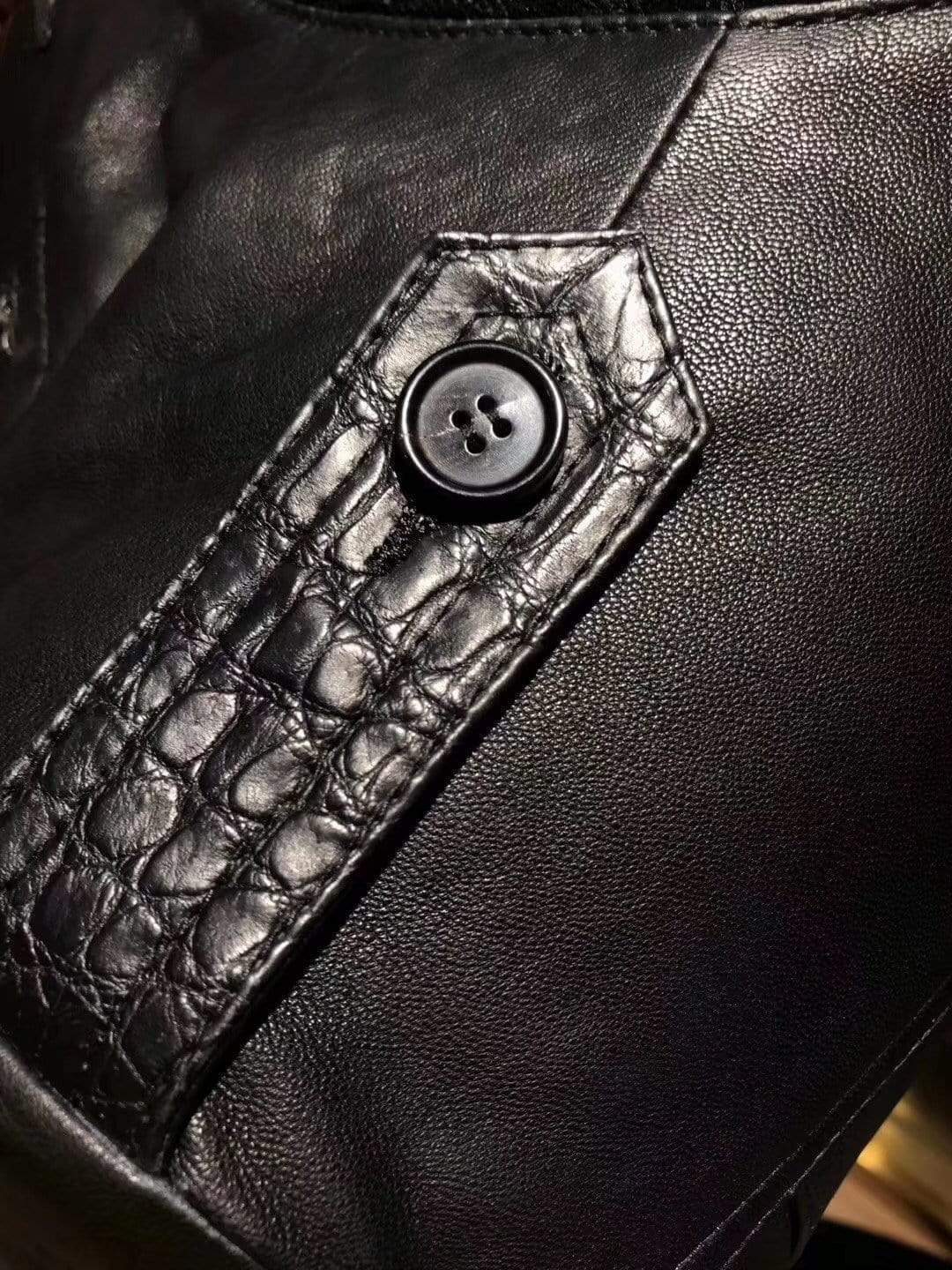 Rossie Viren black crocodile leather jacket with ribbed jersey cuffs and collar, stylish and textured for a sleek look