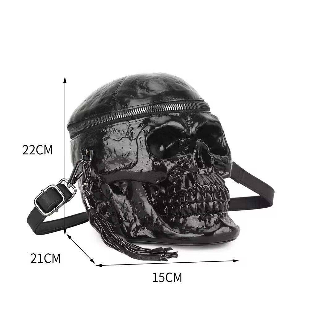 Black 3D skull design crossbody handle bag by Rossie Viren, featuring a mini shoulder bag with a handle and detailed 3D skull embellishment.
