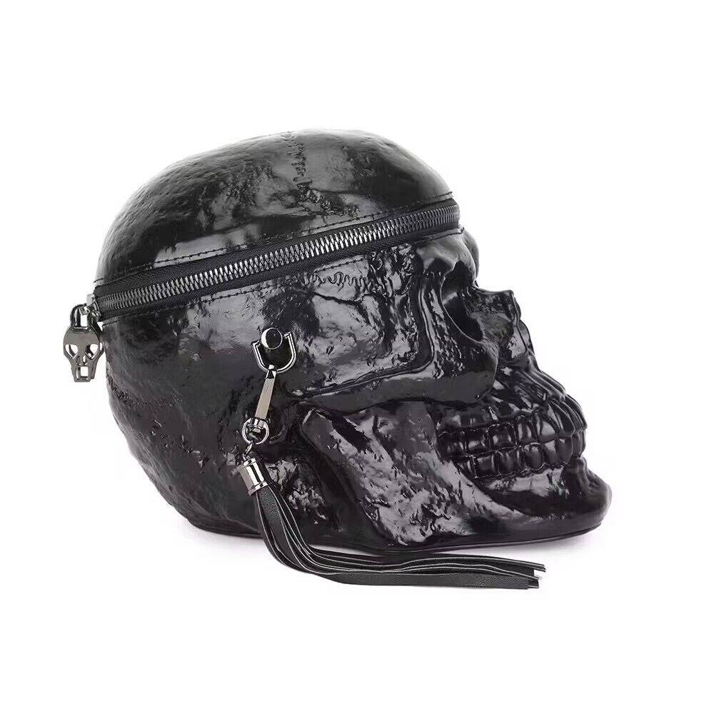 Black 3D skull crossbody shoulder bag by Rossie Viren, featuring a mini handle and stylish design, perfect for casual wear.