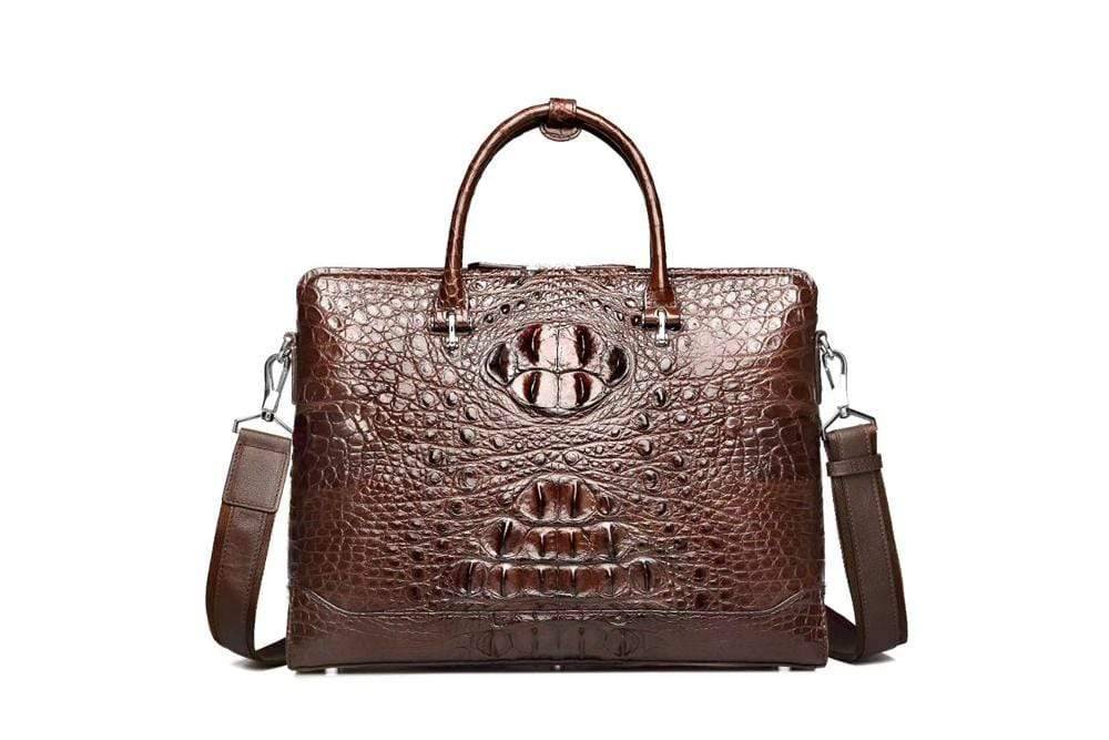 Rossie Viren crocodile leather laptop briefcase with crossbody strap, classic design, ideal for business and professional use.