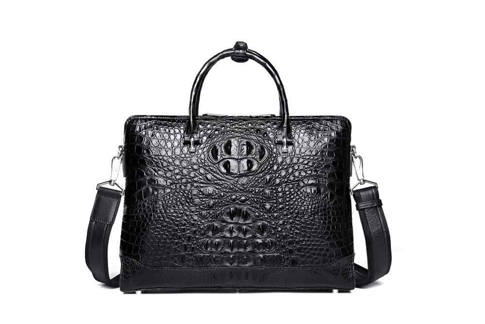 Rossie Viren crocodile leather laptop briefcase with cross-body strap, classic men's business bag for professional use.