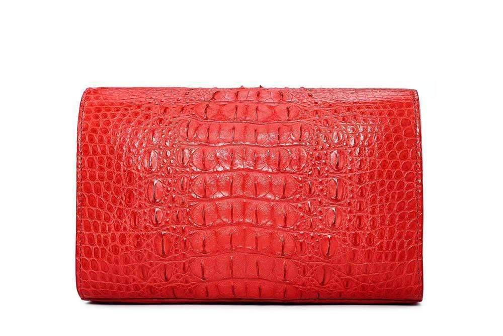 Rossie Viren crocodile leather handbag with flap chain design, clutch, cross-body, and shoulder bag features.