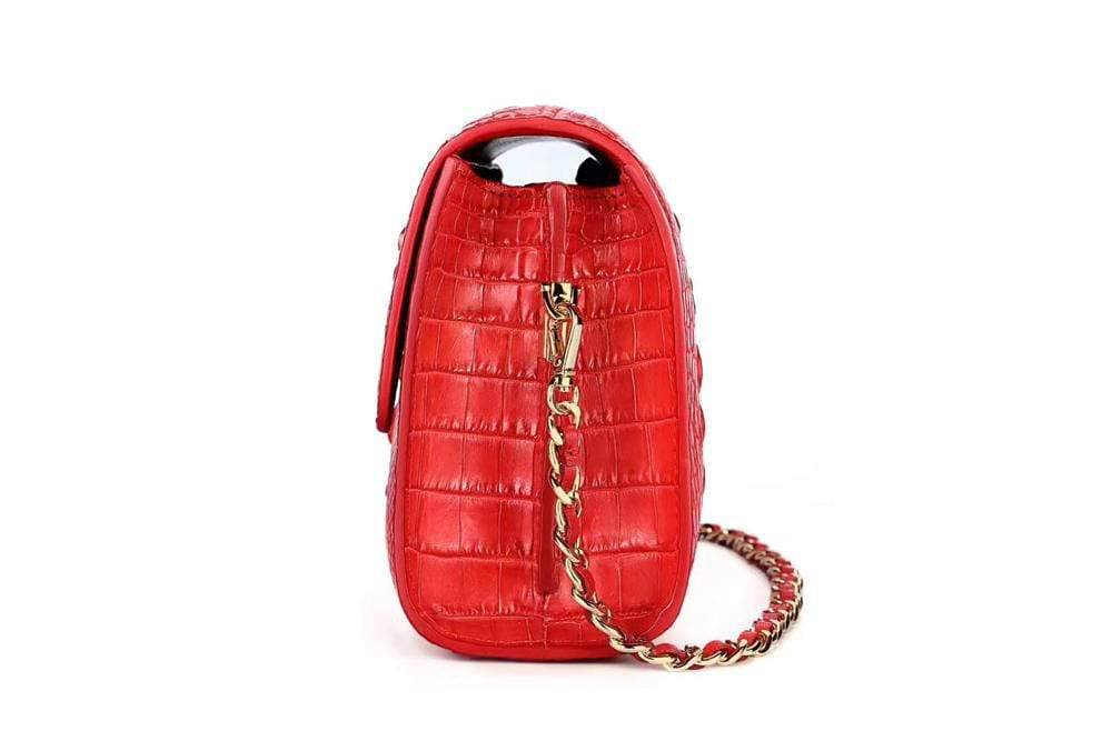 Rossie Viren crocodile leather handbag with flap chain design, featuring a clutch, crossbody, and shoulder bag style.