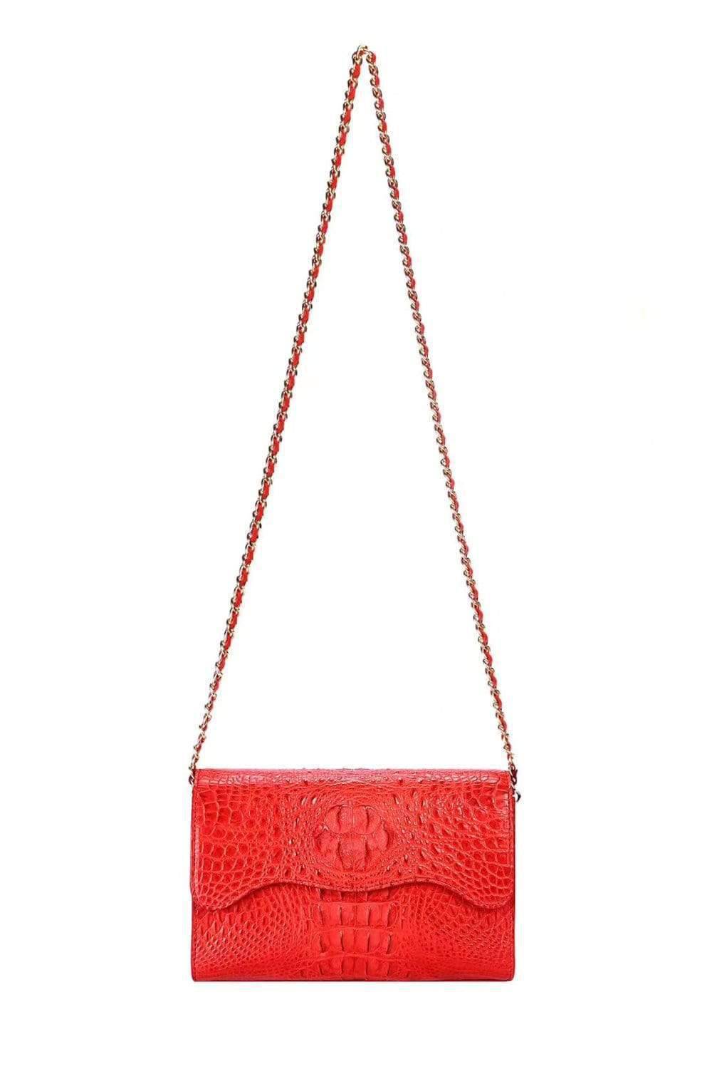Rossie Viren crocodile leather flap chain bag, clutch, and crossbody shoulder bag with elegant design and gold-tone hardware.