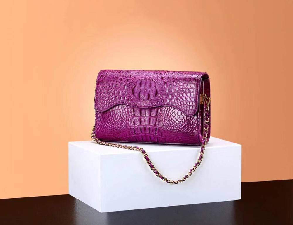 Rossie Viren crocodile leather flap chain bag, stylish clutch with crossbody and shoulder options, featuring a sleek, elegant design.