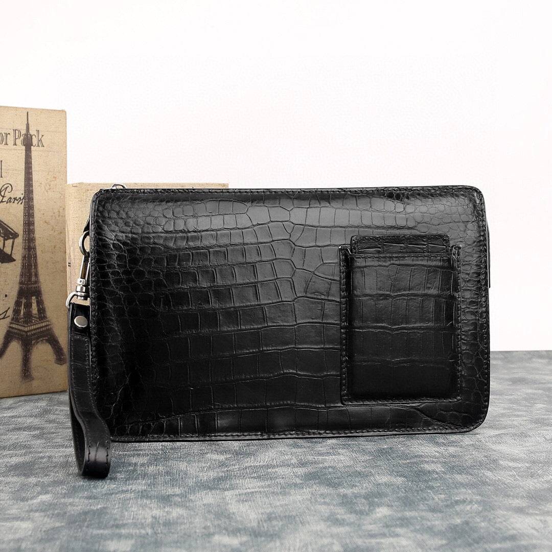 Rossie Viren crocodile leather clutch bag with large volume, versatile design, suitable for carrying essentials and stylishly organized.