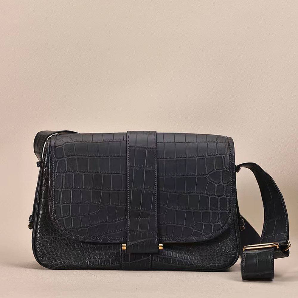 Rossie Viren crocodile leather cross body shoulder bag with textured crocodile belly leather and adjustable strap.