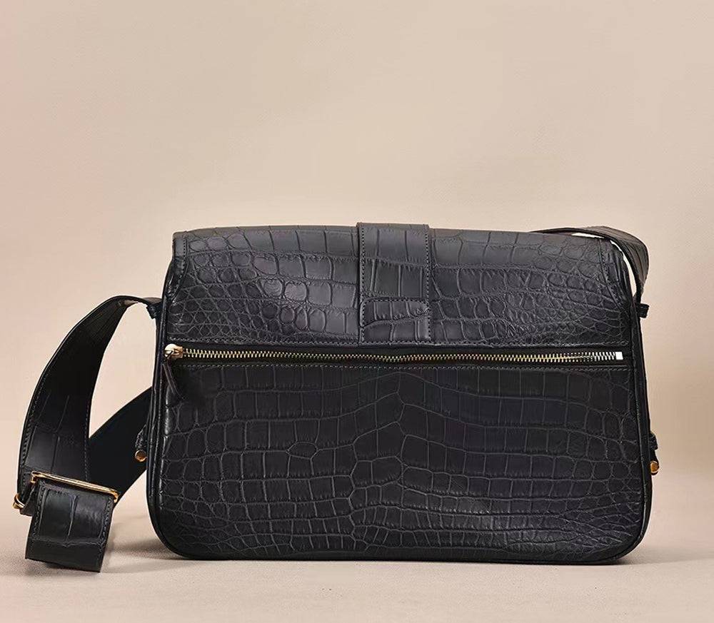 Rossie Viren crocodile leather cross body shoulder bag with textured crocodile belly leather and adjustable strap.