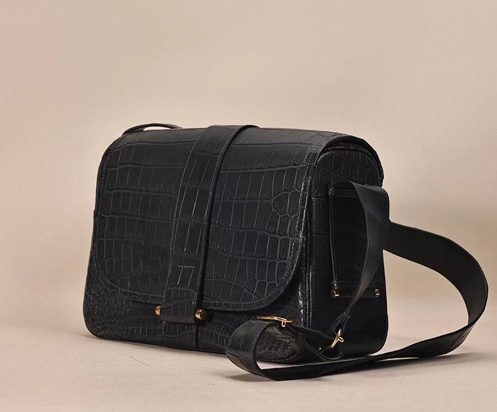 Rossie Viren crocodile leather cross body shoulder bag showing textured crocodile belly leather and adjustable strap.