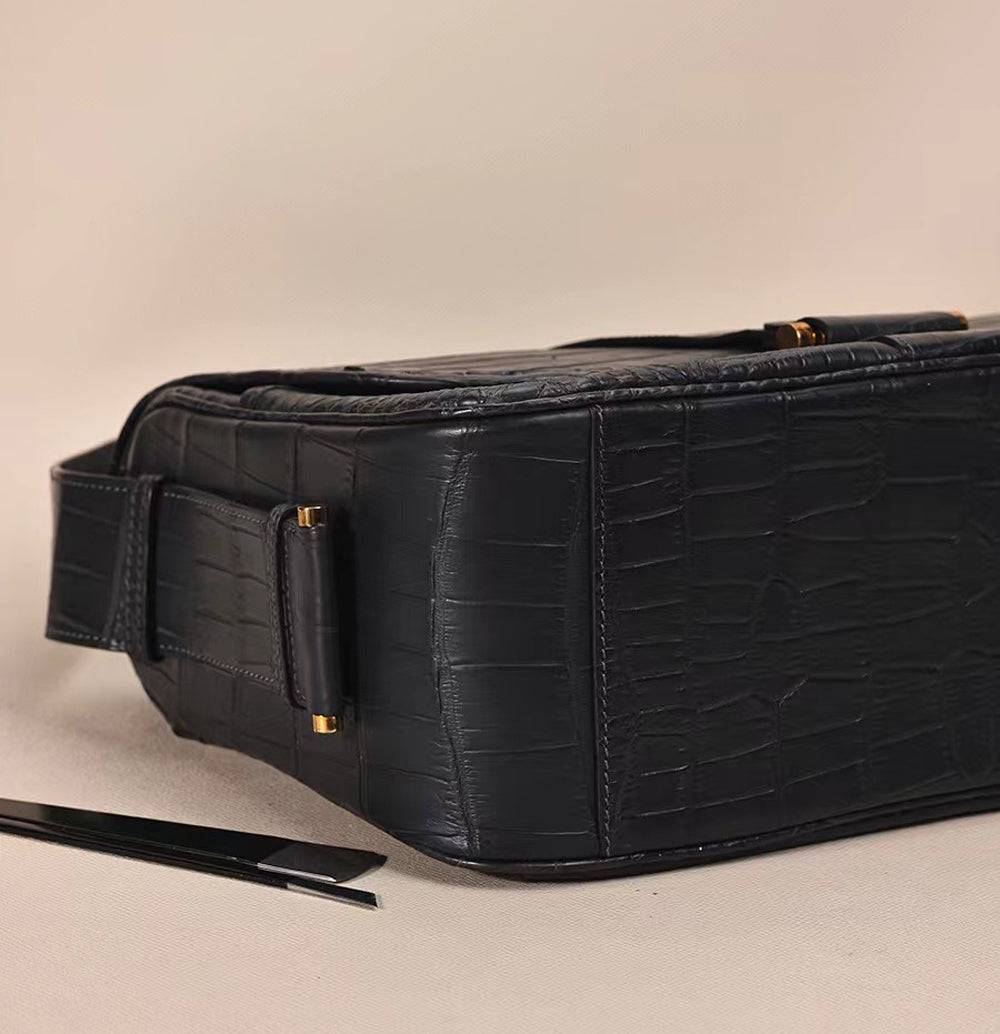 Rossie Viren crocodile leather cross body shoulder bag, showcasing textured crocodile belly leather and sleek handbag design.