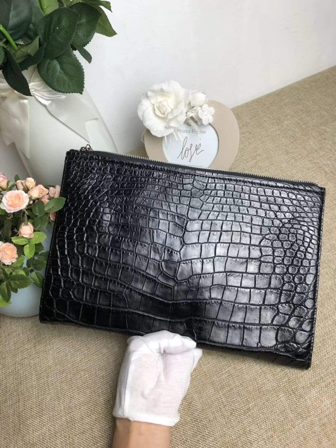 Rossie Viren crocodile belly leather large iPad case and clutch bag, featuring a textured crocodile pattern and sleek design.