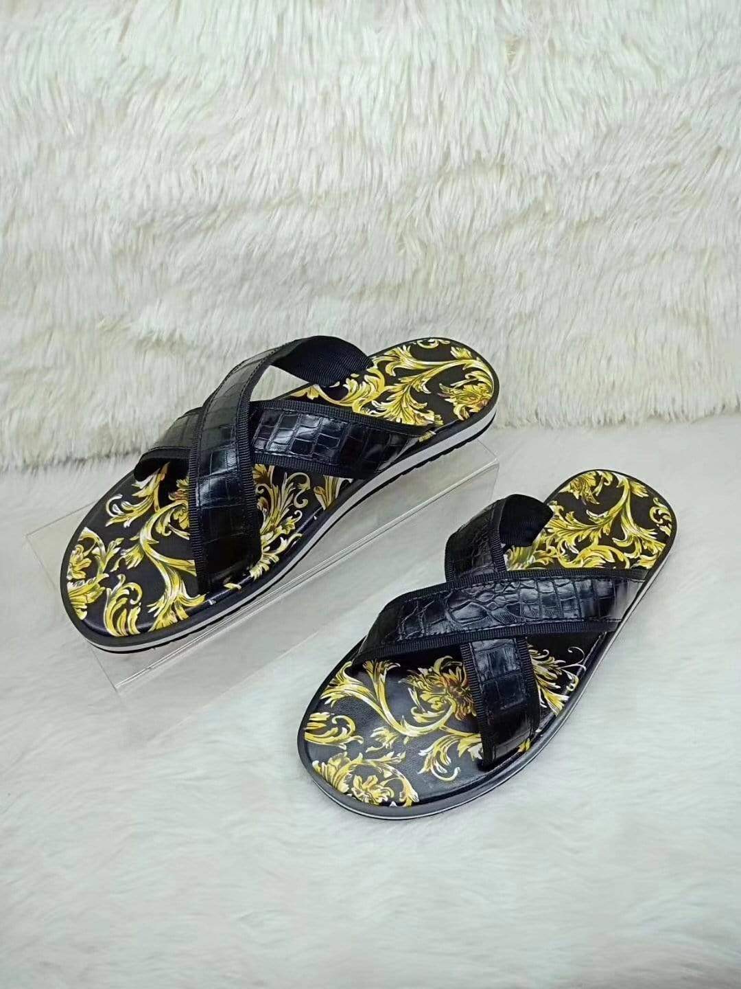Rossie Viren crocodile belly leather slippers featuring textured, luxurious crocodile pattern for stylish, comfortable footwear.