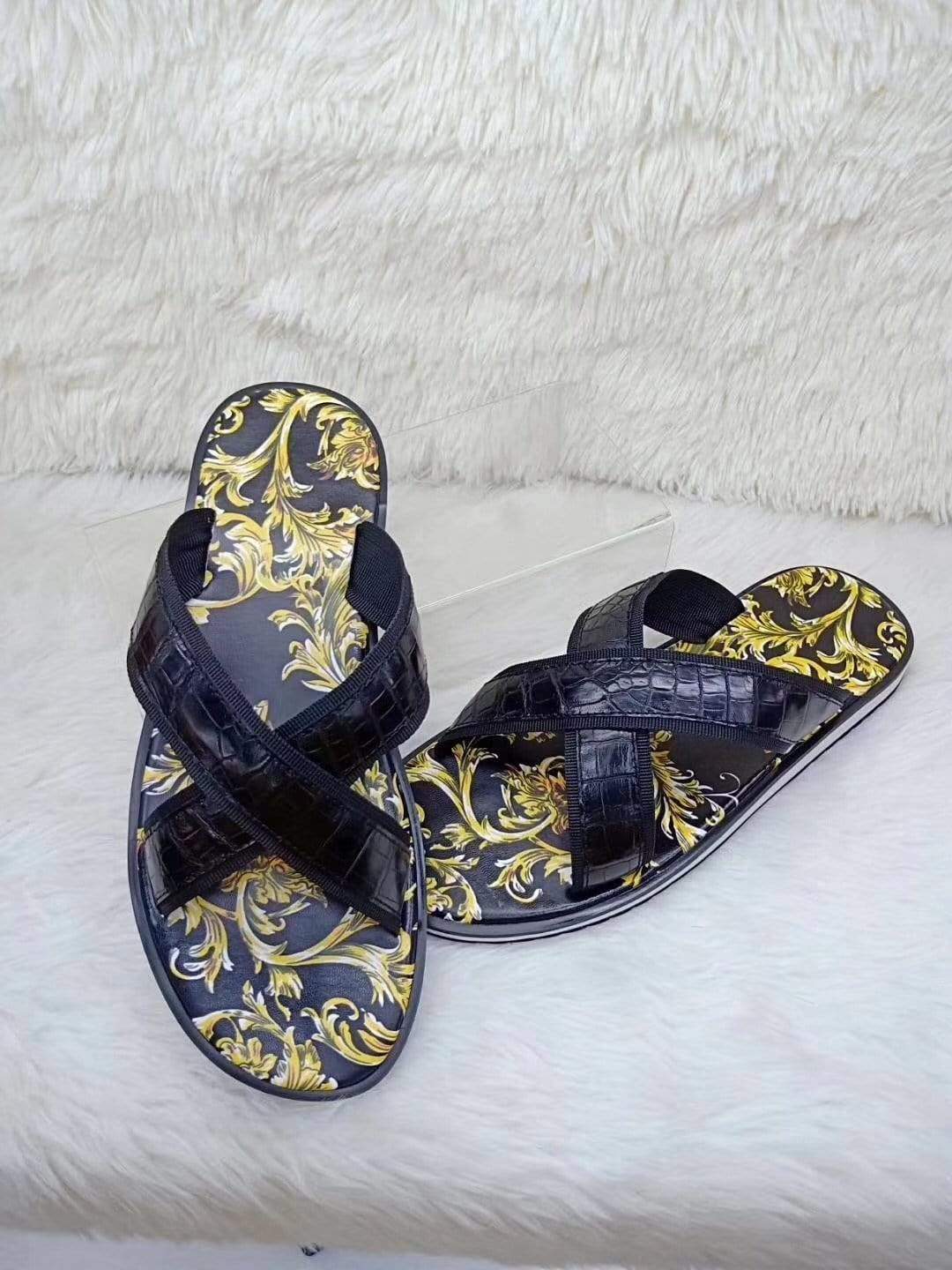 Rossie Viren crocodile belly leather slipper showing textured crocodile skin and classic slip-on shoe design.