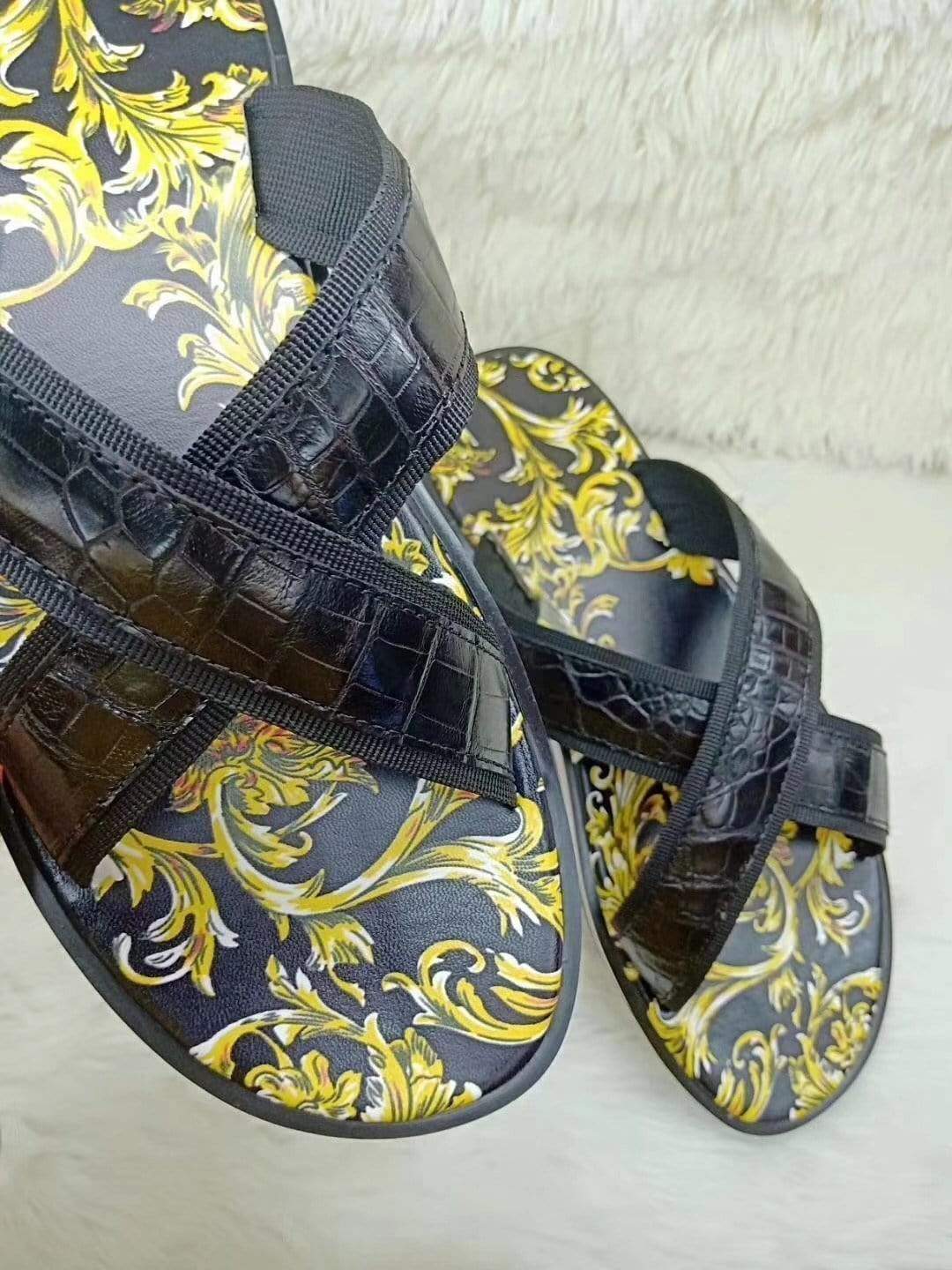 Rossie Viren crocodile belly leather slippers showing textured crocodile pattern and classic slip-on shoe style.