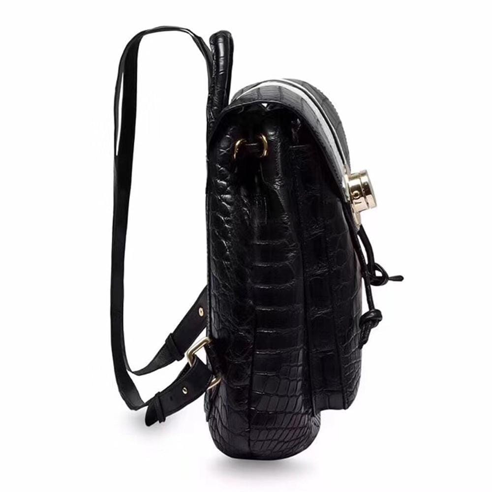 Crocodile belly leather women's backpack handbag by Rossie Viren, featuring textured crocodile pattern and adjustable shoulder straps.